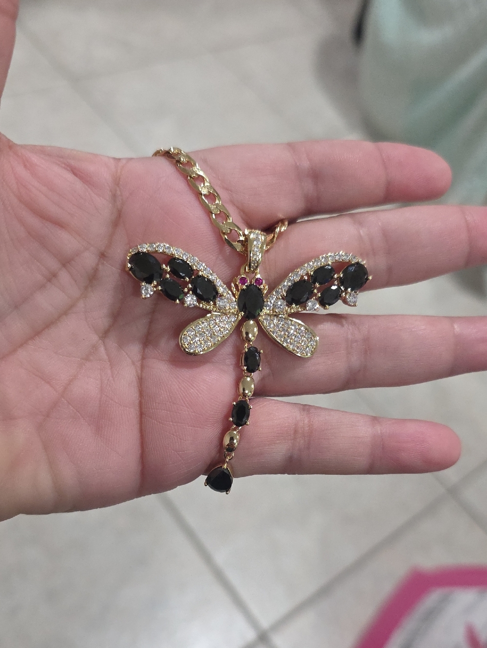 14k Gold Plated Dragonfly Pendant Necklace with Black Stones